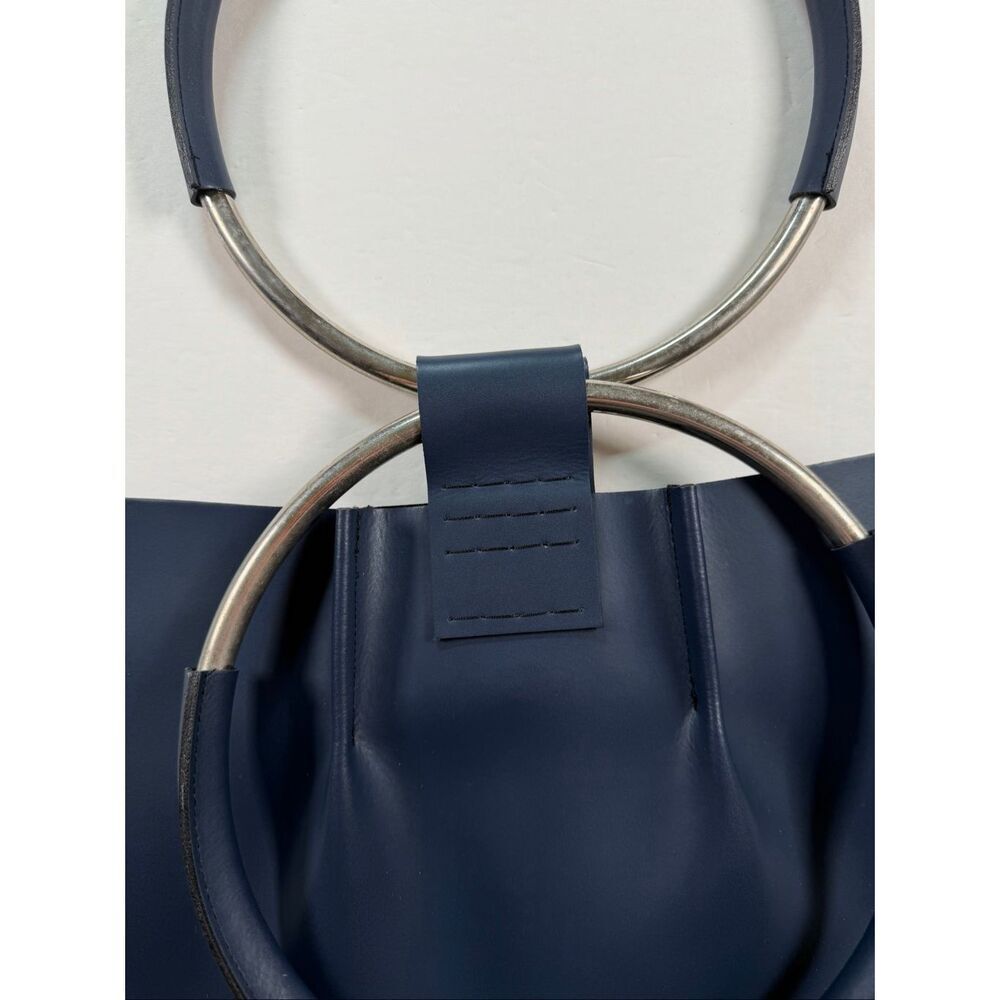 KLISAB Blue Leather Ring Handle Tote Bag Minimalist Top Handle Purse Handmade - Picture 4 of 13